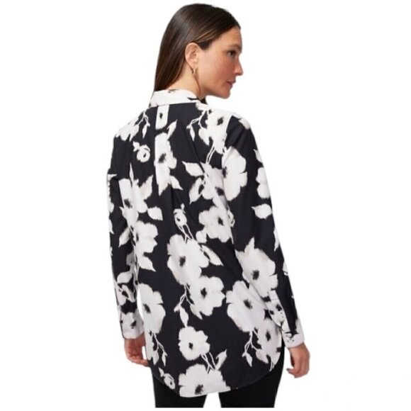 Chico’s Long Sleeve No Iron Black Floral Button Down Stretch Tunic Sz 2.5 US 14 - Picture 2 of 15